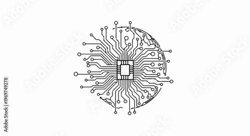 Stylized circular circuit board with central processor and radiating connections