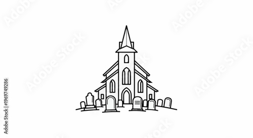 Stylized illustration of a church with surrounding tombstones