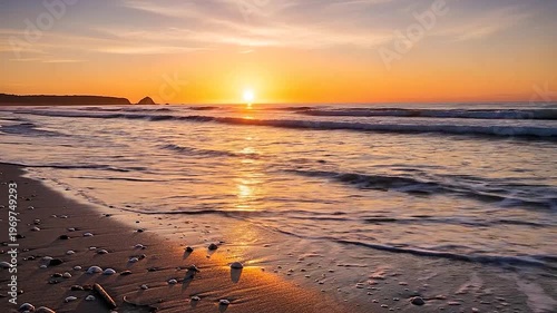 Golden sunset over a tranquil ocean shoreline with gentle waves lapping the sandy beach