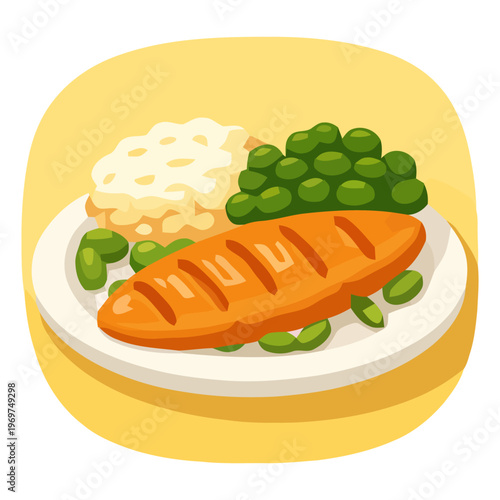 Plate of grilled fish served with green vegetables and mashed potatoes, representing balanced diet and healthy eating concept.