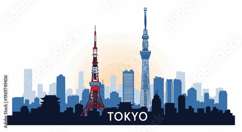 Stylized cityscape silhouette with iconic towers against a sunset