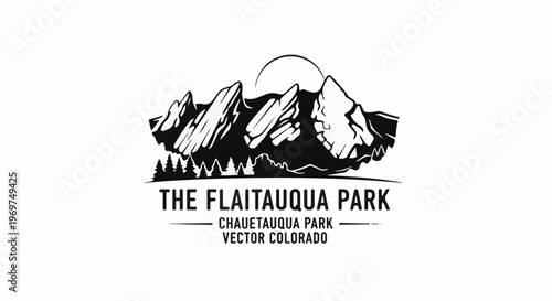 Stylized mountain range with pine trees and text below