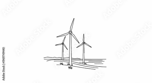 Three wind turbines on a flat landscape with rolling hills in background