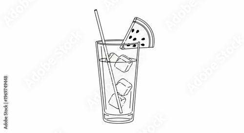 Tall glass filled with ice and a straw, garnished with watermelon