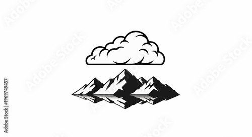 Stylized cloud above snow-capped mountains reflected in water