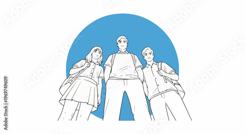 Three young people with backpacks stand looking upwards against a blue circle