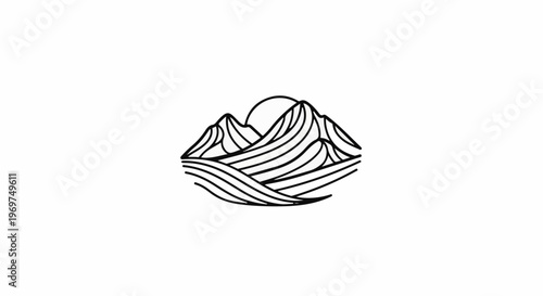 Stylized mountainous landscape with sun behind peaks and flowing water