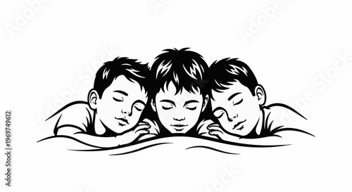 Three young boys asleep in a row, peaceful and serene
