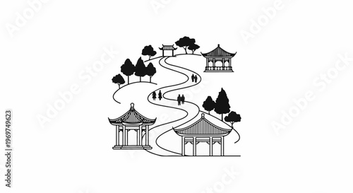 Stylized scene of park with pagodas, trees, winding path, and figures