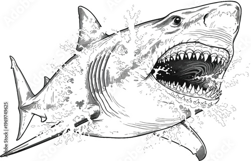 Shark, angry shark, gray shark, illustration, monochrome vector, ocean predator, wildlife art