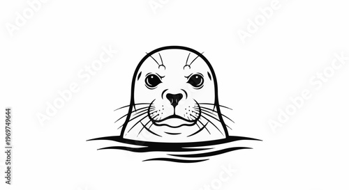 Stylized seal face peeking out of wavy water, black and white graphic