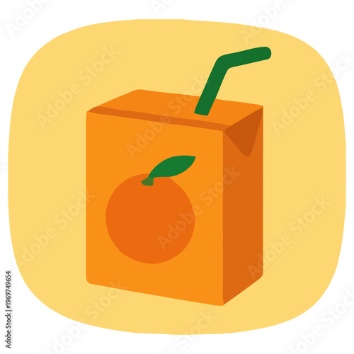 Simple flat illustration of an orange juice carton with straw, representing fresh beverage, breakfast drink, and healthy lifestyle concept.