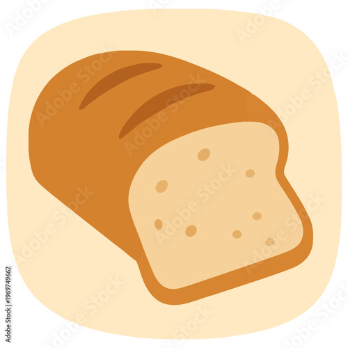 Flat style illustration of sliced bread loaf, symbolizing bakery products, daily food, homemade baking, and simple carbohydrate staple.