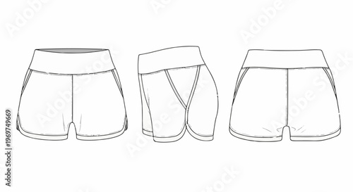 Three-view sketch of athletic shorts with wide waistband and curved hem