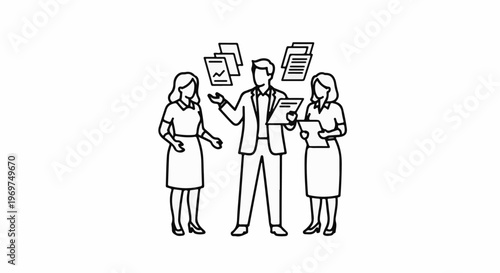 Team meeting with documents, discuss strategy and share ideas