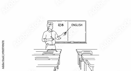 Teacher points at whiteboard with Japanese and English text in classroom