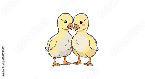Two cute yellow ducklings standing together, close up, white background