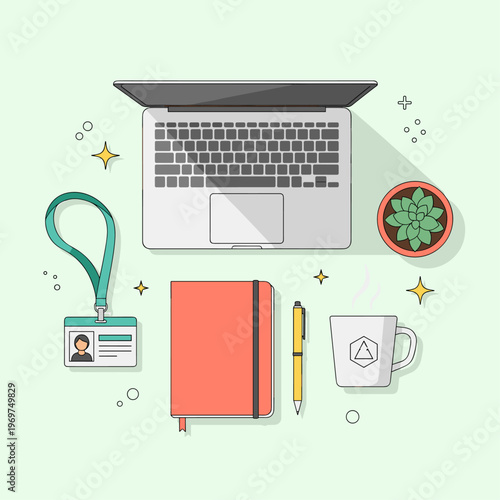 Flat Vector Illustration of a Summer Intern Onboarding Desk