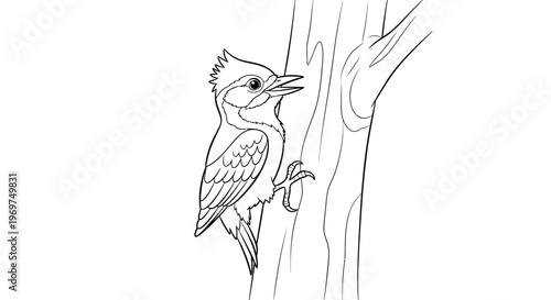 Woodpecker on tree trunk, line art, black and white