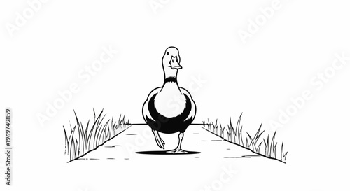 Stylized illustration of a duck walking along a path bordered by grass