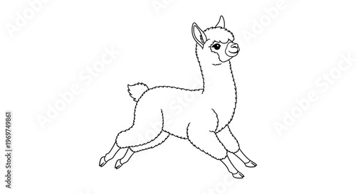 Cute baby alpaca outline, running happily, simple line art, white background