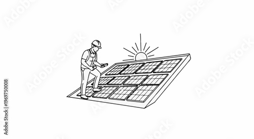 Technician inspecting solar panels under a stylized sun