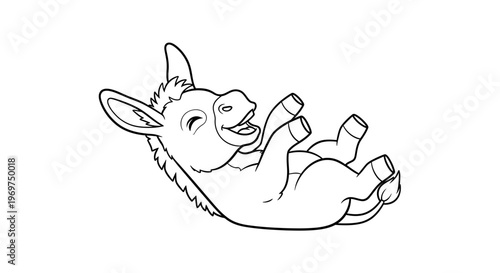 Cute cartoon donkey lying on its back, laughing, line art illustration