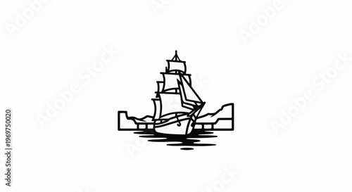 Stylized silhouette of a tall-masted sailing ship on water
