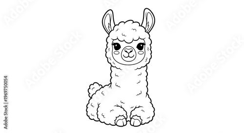 Cute cartoon llama sitting, black and white line art, isolated on white background.
