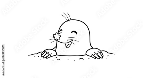 Cute cartoon mole peeking out of a hole, line art