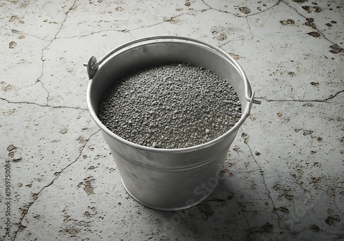 Metal bucket filled with small gray pebbles on cracked concrete surface