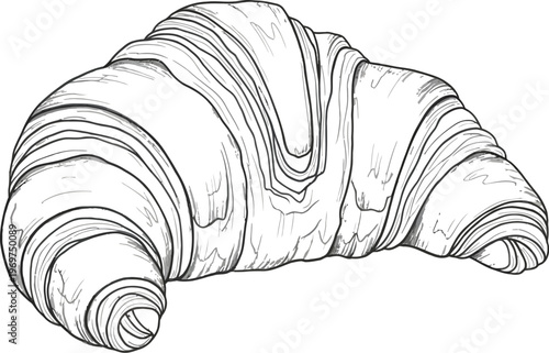 Croissant, flaky pastry, breakfast food, illustration, black and white, vector graphic