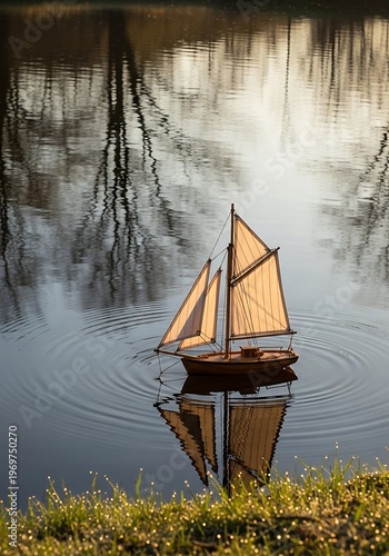 Miniature sailboat sailing on still lake surface, reflecting serenity