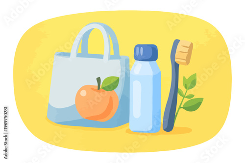 Flat illustration of eco-friendly items including reusable bag, water bottle, fruit, and bamboo toothbrush promoting sustainable daily habits.