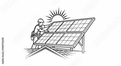 Technician installs solar panels on rooftop under a sunburst