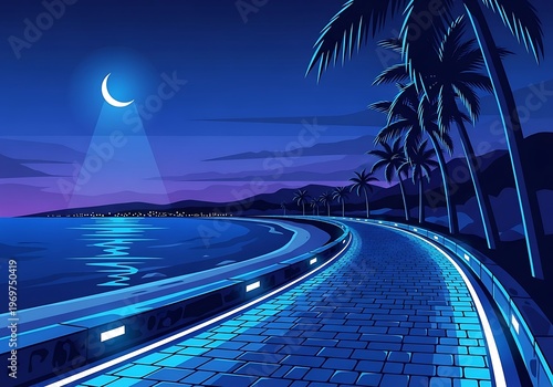 Neon Coastal Path Under Crescent Moon with Palm Trees at Night Illustration