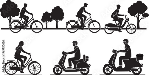 Cycling and Scooter Silhouettes: Set of Bicycle Riders and Electric Mopeds Vector Icons