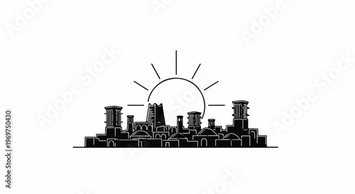 Stylized skyline of desert city with windcatchers and sunburst