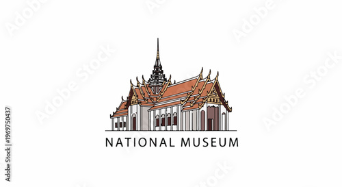 Stylized illustration of a multi-tiered pagoda-style building labeled "NATIONAL MUSEUM