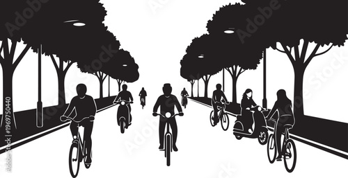 Cyclists and Scooters on City Tree-Lined Road Silhouette, Urban Transport Vector