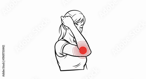 Stylized illustration of a person experiencing elbow pain with radiating circles