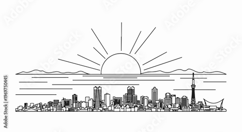 Stylized skyline with sun rising over mountains and water