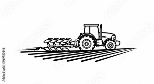 Tractor plowing a field with multiple furrows