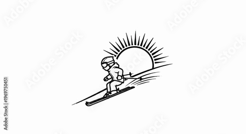 Stylized skier descending a sunlit slope with poles