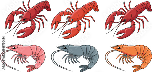 Seafood collection set featuring realistic red lobsters and colorful shrimps in pink grey and orange isolated on white background vector illustration