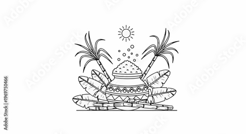 Traditional harvest festival depiction with sugar cane, pot, and sun