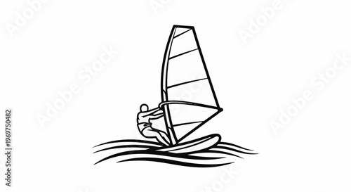 Stylized illustration of a person windsurfing on wavy water