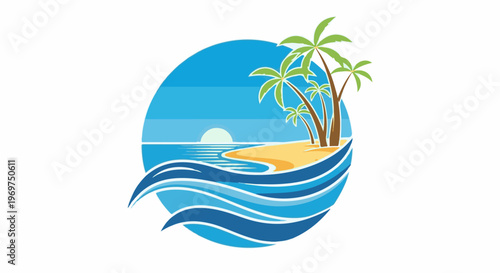 Tropical island with palm trees and ocean waves under a setting sun