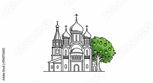 Stylized illustration of a traditional church with onion domes and an apple tree