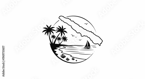Tropical island with palm trees, sailboat on ocean, and fish